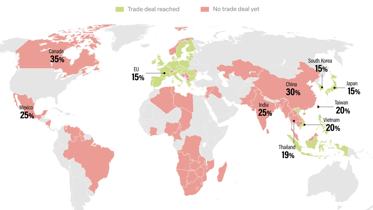 World map accompanying the August 7, 2025 article, showing tariff percentages and countries with or without a trade deal.